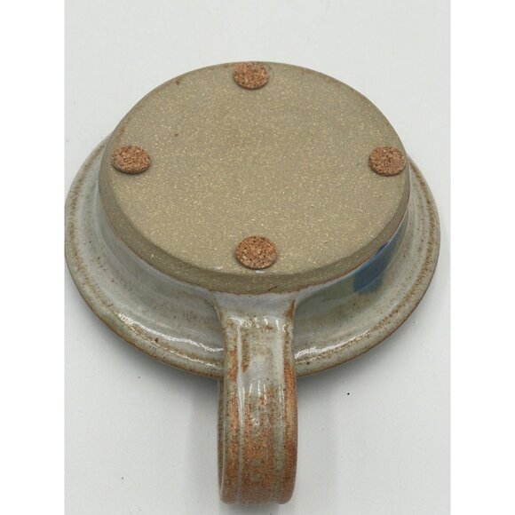 Handmade Studio Pottery Candle Holder Handle & Blue Glaze Finish 5.25" - Picture 3 of 5